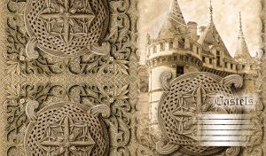 A carved ornamental shield in sepia-tan on a monochrome image of a castle