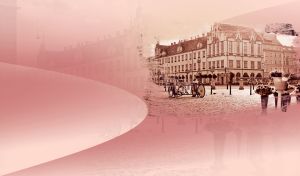 Vintage town square with bikes and street flower shop vignetted in pastel pink sepia