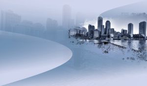 Boston skyscrapers on the shining waterfront vignetted in pastel blue-sepia