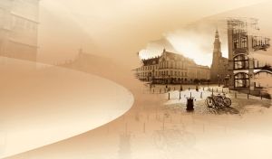 Vintage town square bikes in front of gothic church vignetted in pastel brown-sepia
