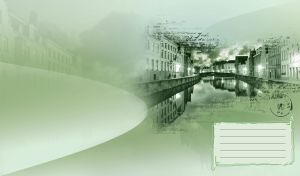 Vintage night city canal embankment with city lights vignetted on pastel green-sepia