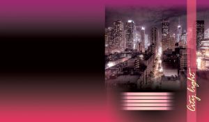 City lights view with a busy street and illuminated skyscrapers on red purple