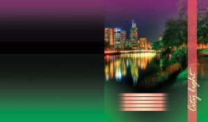 City lights view with skyscrapers and a lake with a green park on purple green