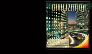 Skyscrapers at night with busy roads and a glass pedestrian bridge on black