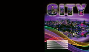 The mirroring of night cityscape of an illuminated, futuristic city in purple colors