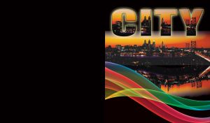 The mirroring of night cityscape of modern buildings and illuminated bridge in the sunset