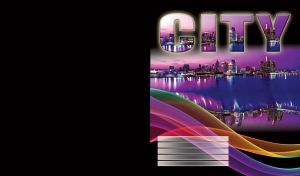 The mirroring of night cityscape of skyscrapers on the river bank in the purple twilight