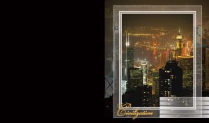 Aerial view of a night cityscape with illuminated curved coastal line, on black