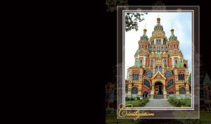 Colorful cathedral with multiple towers, many windows and greenery, on black