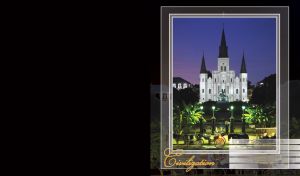 Church with three towers, a hero on horseback and horse carriages, on black