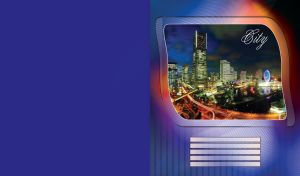 Night cityscape of tall skyscrapers near the river which reflects the neon light