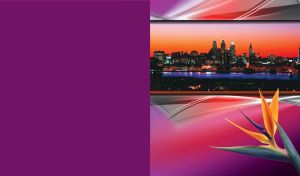 Sunset urbanscape with river and tall buildings on purple with a bird of paradise flower