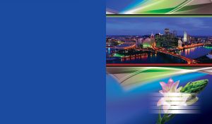 Sunset urbanscape with bridge over river and tall illuminated buildings on blue with pink lily