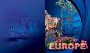 European city embankment with pink green flower bed and swirl decor