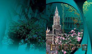 European ancient castle with rose bushes in the front and swirl decor