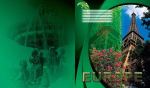 Eiffel Tower bottom view with red flower bushes in the front and swirl decor