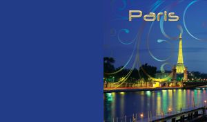 Evening promenade of Paris with illuminated Eiffel Tower on a navy background