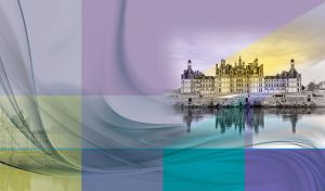 Chateau de Chambord, France in monochrome with grey and violet color blocks.