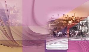 Rooftops of Bergamo, Lombardy, Italy with pink, violet and ocher color blocks.