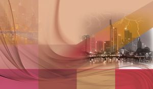 Lightning strike over Frankfurt skyscrapers with red and ocher color blocks.