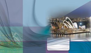 Sydney Opera House, Australia by night with teal, blue and green color blocks.