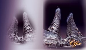 Glass dome construction and two modern office towers of metal and glass