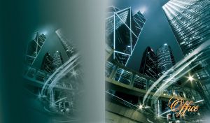 Skyscrapers made of metal and glass shine in the teal city lights