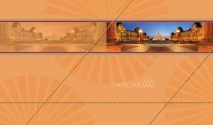 City panorama of the illuminated Louvre Museum in a frame on an ocher background