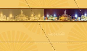 City panorama of the illuminated Royal Palace on an ocher-yellow background