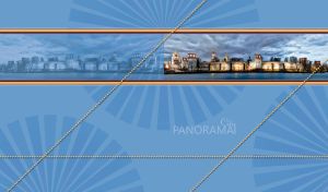 City panorama of Novodevichy Convent at evening in a frame on a blue background