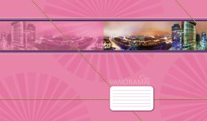 City panorama of illuminated Moscow City in a frame on a pink background