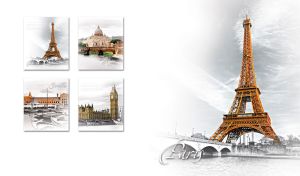 Cityscape of Eiffel Tower in Paris on pastel white