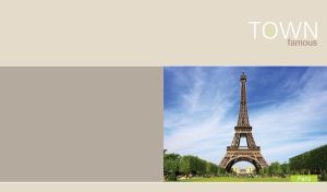 The Eiffel Tower and Champs Elysee gardens in frame on pastel gray and brown
