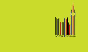 Lime invitation to England decorated with a barcode art of the Big Ben