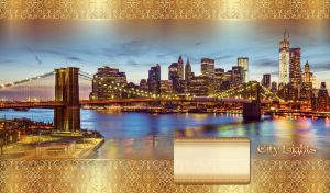 A night city panorama of the Brooklyn Bridge in New York in gold lace frame