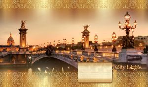 A night city panorama of Alexander the III bridge in Paris in gold lace frame