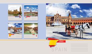 Plaza of Spain in Seville, Spain against pastel blue and gray backdrop