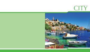 Coastal cityscape of Symi island harbor in Greece on light green and white