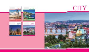 Illuminated bridges of evening Prague on light pink and white