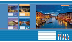 Illuminated buildings along the Grand Canal in Venice at dusk on a blue backdrop