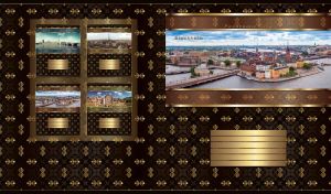 Panorama of Stockholm framed in gold on a black backdrop with vintage golden ornate