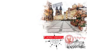 Cobbled street leading to the Tyn Church in Prague in a grunge vignette on white