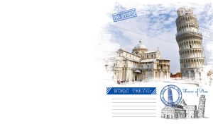 Leaning Tower of Pisa and Pisa Cathedral in a grunge vignette on white