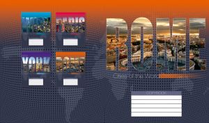 Rome through the letters against an orange-grey world map