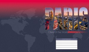 Paris through the letters against an orange-grey world map