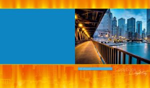 Evening view of the Chicago River on an orange urban background