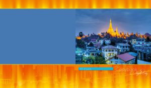 Evening view of Shwedagon Pagoda in Myanmar on an orange urban background