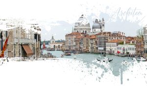 Venice cityscape on an overcast day in a blot stencil vignette on white