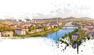 Salzburg cityscape on a sunny day in a blot stencil vignette on white