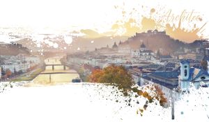 Salzburg cityscape at sunset in a blot stencil vignette on white